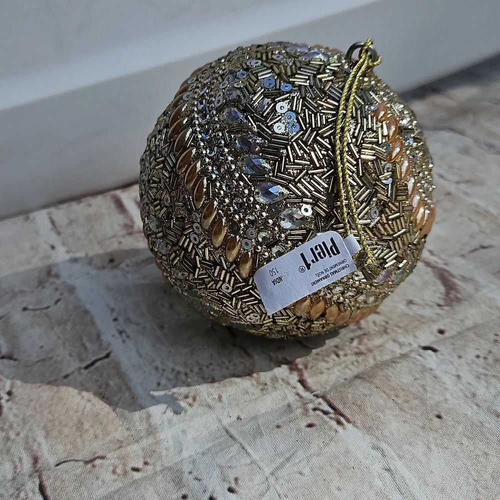 Pier 1 Christmas Ball Gold & Silver Heavily Bejeweled Beaded 3.5 Inch